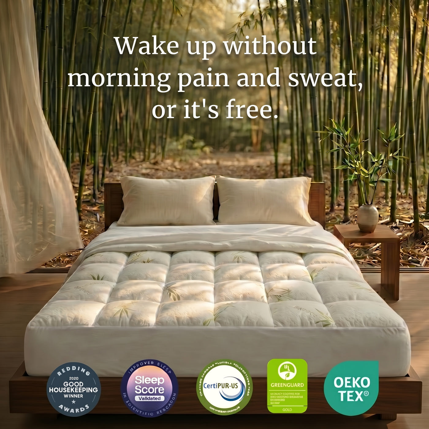 A comfortable made bed with a mattress topper